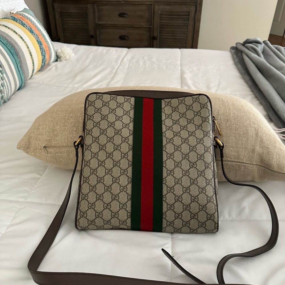 Gucci Cream and Brown Messenger Bag with Bold Stripe